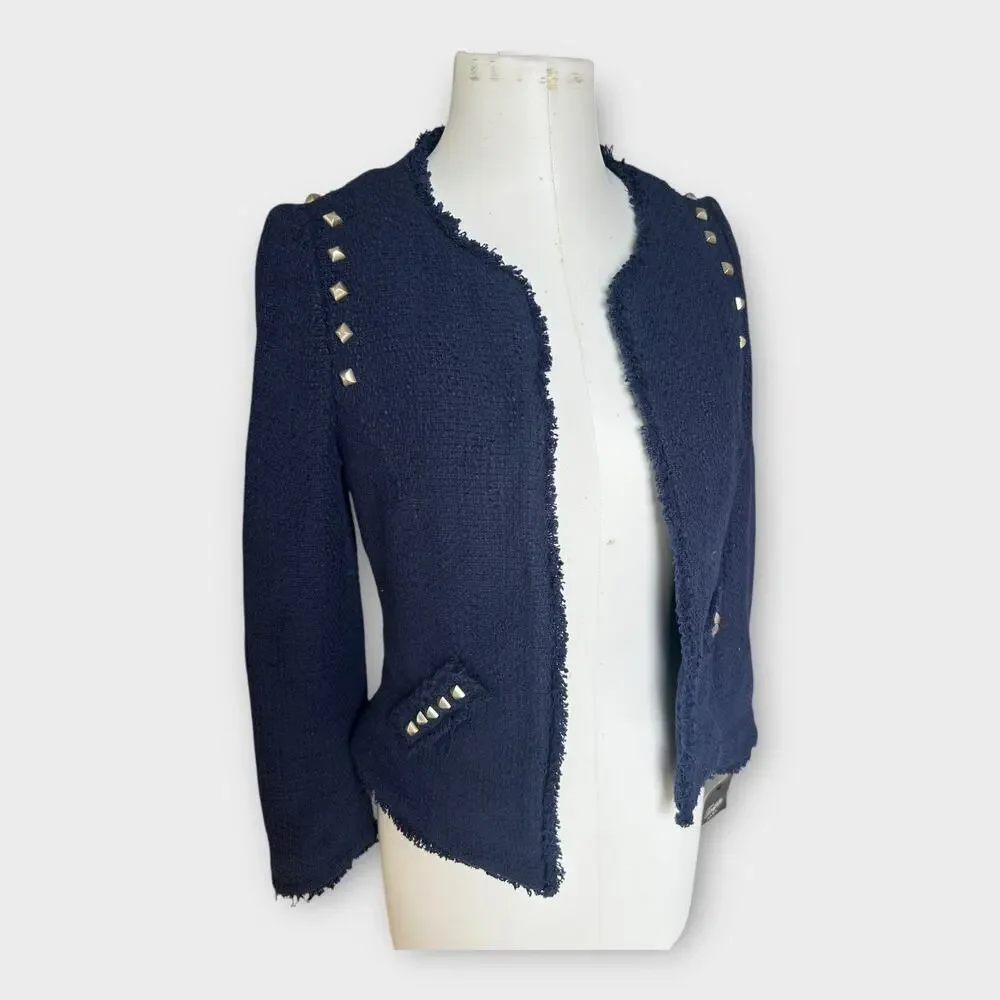 Zara Navy Tweed Frayed-Edge Blazer with Stud Accents - Picture 2 of 9